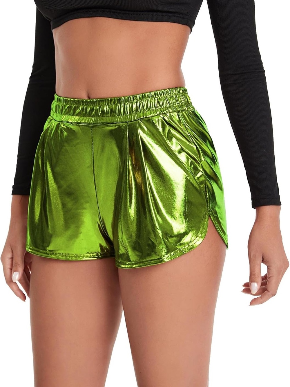Size Small - Metallic Green Women's Shorts - Shiny High-Waist Comfort